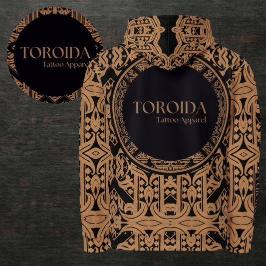 Tattoo-themed hoodie with intricate patterns and 'TOROIDA Tattoo Apparel' branding on a dark background.